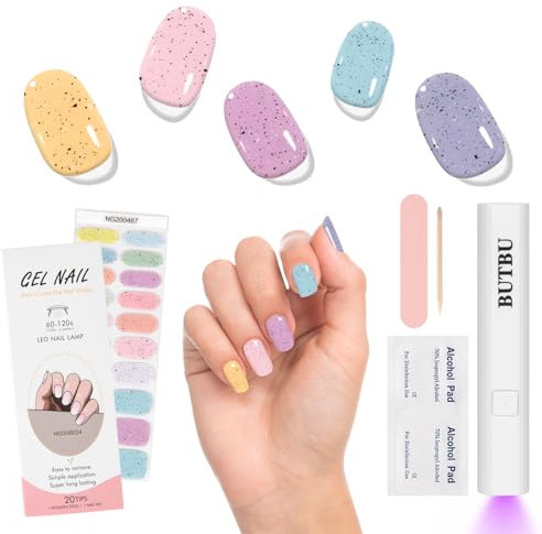BUTBU Semi Cured Gel Nail Strips, 20 Pcs Gel-Nail Stickers with Mini UV Lamp, Self-Adhesive Waterproof Nails Wraps, gel nail-Polish-Strips with nails File for DIY nail-Art (Colorful)