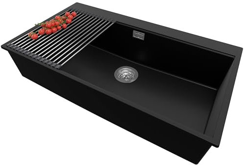 PRIMAGRAN Evier Cuisine en Granit Noir 88x50cm, Lavabo 1 bac + Égouttoir Enroulable, Évier à Encastrer al mueble 90cm - Oslo