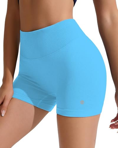 RIOJOY Sport Shorts Damen, Nahtlose Workout Short für Frauen, 4'' Hochtaillierte Bauchkontroll, Ohne Vordernaht Yoga Biker Athletic Laufshorts