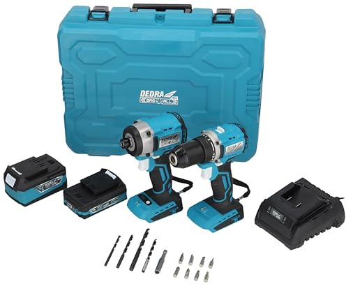 DEDRA Werkzeug-Set im Koffer, Schraubendreher 1800 U/Min, Schlagschrauber, zwei Akkus (2Ah, 4Ah), Ladegerät, 13-tlg. Zubehör, Akku-Bohrschrauber, Lithium-Ion