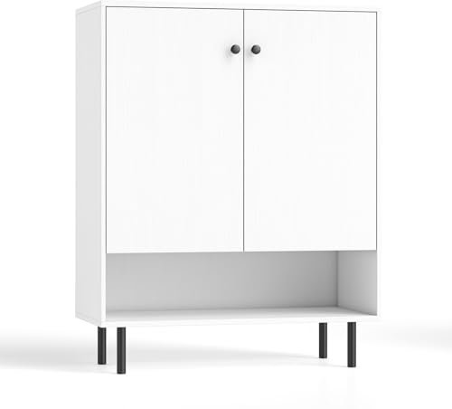 COSTWAY Storage Cabinet, 2 Door Buffet Sideboard with Adjustable Shelf & Anti-Tipping Kit & Raised Feet, Modern Bar Cabinet Cupboard Organiser for Kitchen Dining Living Room Hallway (White)