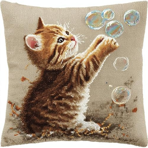 YarnAdventures Tier Knüpfkissen-Set,Katze spielt mit Seifenblasen,knüpfkissen Set für Anfänger Erwachsene oder Kinder zum Selber Knüpfen,Knüpfpackung Knüpfset Kissen,17x17in