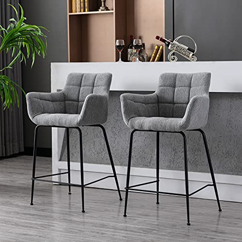 DAYALANE Barhocker 2er Set, Bistrohocker mit Lehne & Metallbeinen, Grau | Barstuhl aus Frottee, Bar Stool Polsterhocker Tresenhocker für Küche & Bistro