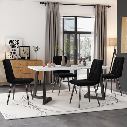 Fppuueg Conjunto Mesa y Sillas Comedor 5 Piezas, Juego de Comedor Mesa y 4 Sillas, Mesas Rectangular 117x68x75 cm con Patas Metálicas, Terciopelo Silla de Cocina, Negro y Blanco