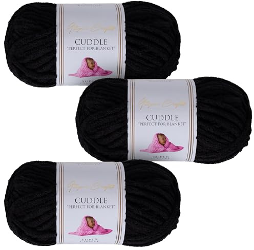 Utopia Crafts Cuddle Super Chunky Chenille Garn Schwarz, 100 g Knäuel, 60 m, Flauschiges, Dickes Strickgarn Häkelgarn, Maschinenwäsche, Stricken Häkeln für Anfänger, Wollalternative, 3er-Pack