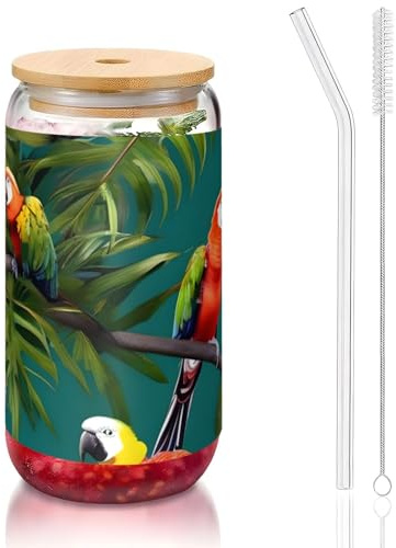 JEJEA Vasos de vidrio con tapas de bambú y popotes, diseño de plantas tropicales y loros, taza de café, tazas en forma de lata, vasos, cócteles, transparentes
