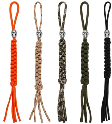 HOBBIESAY 5Pcs 5 Colors Knife Lanyards with Beads Paracords Lanyard Zipper Pull Skull Bead Keychain 9.06inch Length for Flashlight EDC Tools Phone Cases Keys Camera Water Bottle Backpack