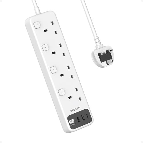 TESSAN Extension Lead with USB C Slots, 4 Way Plug with Individual Switch | 4 Way Multi Plug Extender, Individual Switch, 2M Extension Cable, Multiplug Socket UK 3250W for Home Office Supplies