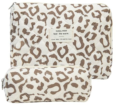 HTTDSLF Ensemble de 2 Trousse de Toilette Matelassée Femme en Coton Doux, Trousses de Maquillage pour Femmes, Pochette Maquillage Grande Capacité Voyage, Sac de Rangement Cosmétiques Pratique
