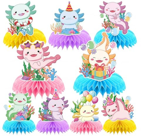 Bubaxuce Bunte Axolotl Geburtstagsdekorationen - 9 Stück Axolotl Partyddekorationen Süße Pink Blau Grün Gelb Tiere Waben Mittelpunkt Tischdeko Themen Babyparty