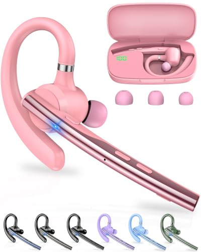 New Bee Bluetooth Headset V5.3 Bluetooth Handsfree Earpiece Dual Mic with 500mAh Charging Case 72Hrs Play Time Hands Free Phone Earpiece Wireless Headset for Driving/Business with Android iOS, Pink