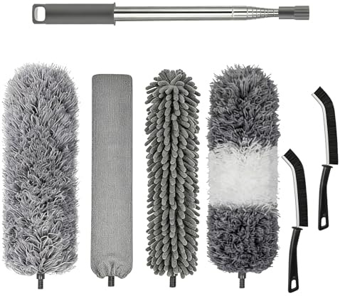 7 Piezas Plumero Telescópico Extensible Lavable de Microfibra, Reutilizable, Longitud hasta 2,5 m, para Techo Alto, Ventiladores, Telarañas, Persianas, Ventanas