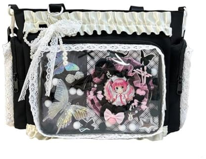 JIABAOZ Ita Bag Kawaii, Borsa a Tracolla con Finestra Trasparente per Display Anime, Borsa Crossbody con Volant in Pizzo, Multi Tasche Y2K per Cosplay e Uso Quotidiano (Black)
