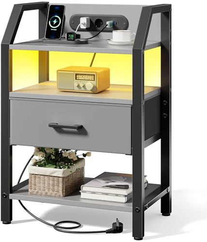 HLONONE Nachttisch mit Steckdose & LED, Beistelltisch mit Schublade | Sofatisch mit 2 AC-Anschlüsse & 3 USB-Anschlüssen, 3-stufiger Regalen, für Schlafzimmer, Wohnzimmer, 46 x 29.3 x 66cm, Grau