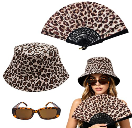 Fischerhut Leopardenmuster mit Fächer Leopardenmuster und Sonnenbrille | Fischerhut Sonnenhut Damen Doppelseite, Faltfächer Leopard Muster, Anglerhut, für Festival Strand Urlaub