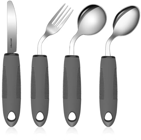 CEOTIS 4-Piece Easy Grip Cutlery 42° Angle Cutlery with Thick Handle Disabled Dining Aids Non-Slip Handles Spoon Knife Fork Cutlery for Hand Tremors Arthritis Parkinson's | Hand Tremors and Arthritis – Easy-Grip Ergonomic Eating Aids