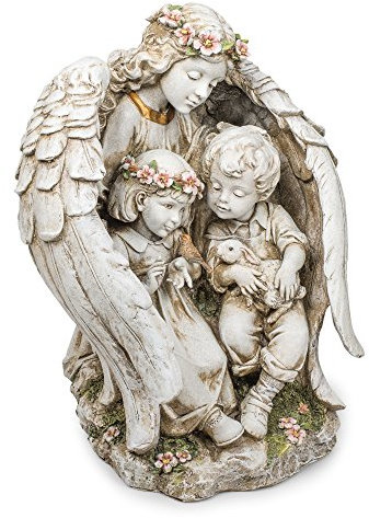 Gartenfigur Schutzengel mit Kindern, 40,6 cm, Kunstharz, Stein, Deko