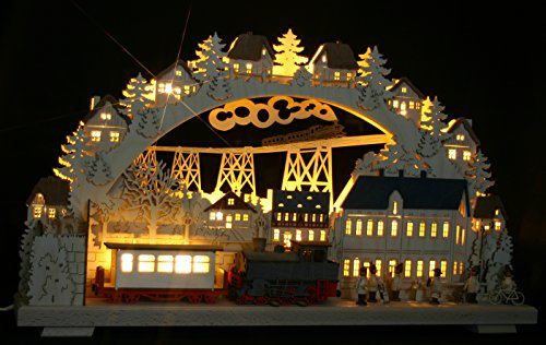 Großer 3D Räucher-Lok Schwibbogen 68cm x 39cm - Zugfahrt durch das Erzgebirge - Handarbeit aus dem Erzgebirge