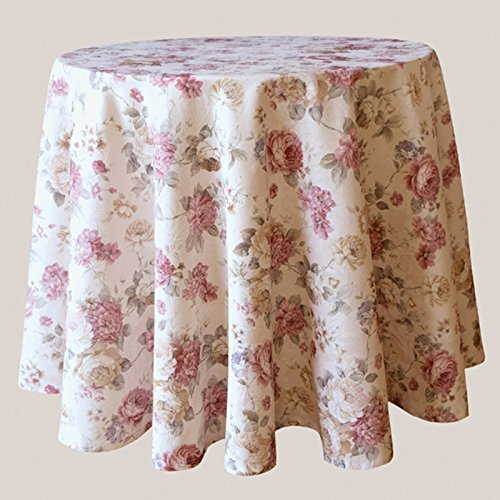 heimtexland ® Landhaus Rosen Tischdecke rund in 170 cm aus hochwertigem Jacquard in Creme rosé mit Blumen Druck Rose - Garten Country Chic Typ442