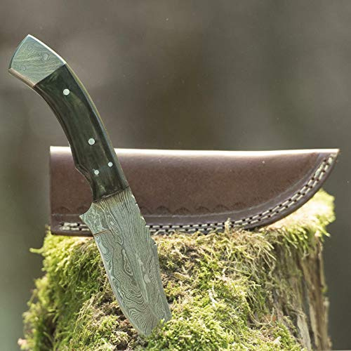 elToro Damascus Horn, Damast, Jagdmesser, 11,5cm, inkl. Lederscheide | Messer für Camping, Outdoor, Survival, Wald und Forst