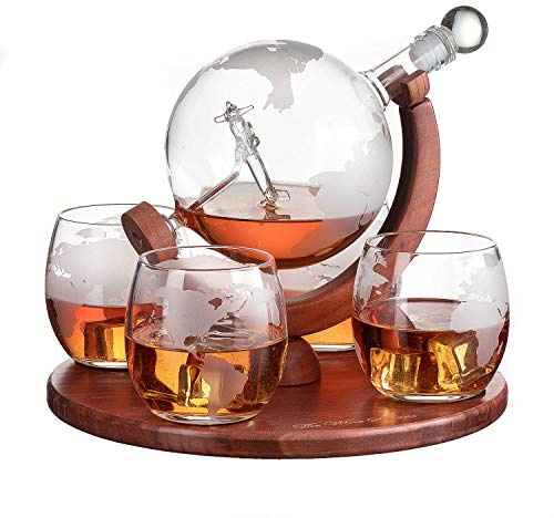 Etched World Decanter Whiskey Globe - The Wine Savant Whiskey Gift Set Globe Decanter with Antique Airplane, Whiskey Stones and 4 World Map Glasses, Pilot Gift - Alcohol Related Gift, Home BAR Decor