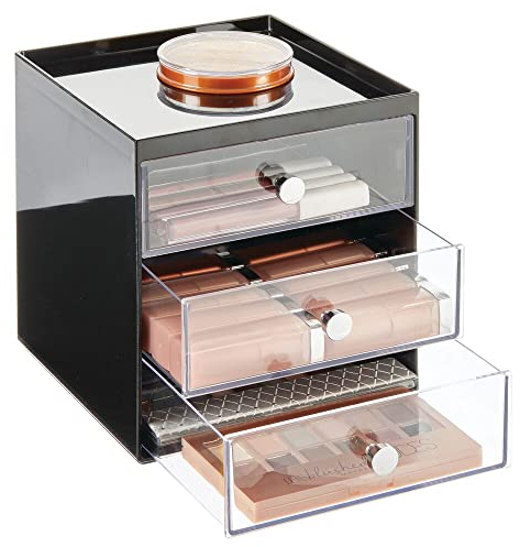 mDesign Makeup Organiser – Makeup Storage Unit with 3 Drawers – Ideal Accessory and Cosmetic Storage Box – Black/Clear