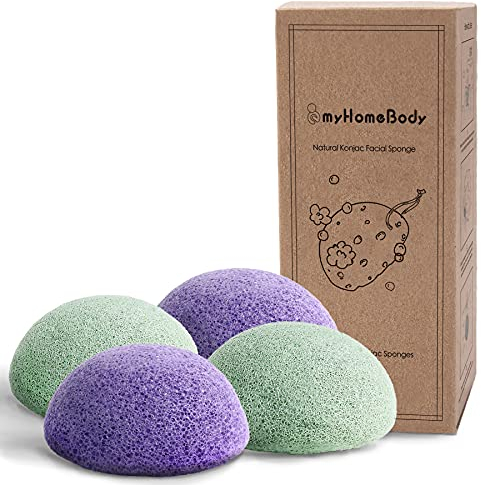 myHomeBody Konjac Schwamm, Natürliche Konjac-Gesichtsschwämme - für sanfte Gesichtsreinigung und Peeling - Violet Lavender and Sage Green, 4er-Set.