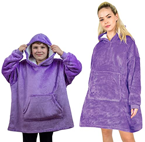ALLEN & MATE Hoodie Decke für Kinder, Übergroße Decke Hoodie, Warmer Morgenmantel, Weicher Fleece-Kapuzenmantel, Geschenke für Jungen Mädchen Teenager, violett, 4-8 Jahre
