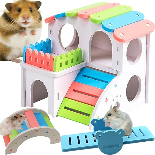 WSNDM 3 Piezas Juguetes Para Hámsters, Escondite Para Animales Pequeños, Puente Arco Colorido, Balancín, Casa Arco Iris, con Escalera de Escalada y Dos Pisos para Jaulas para Mascotas Pequeñas