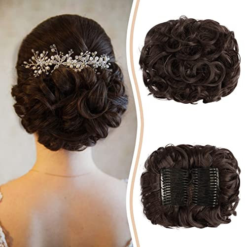 Sofeiyan Short Combs Messy Bun Hair Piece Wavy Curly Hair Extensions Bun Piece Drawstring Ponytail Chignon Combs Clip in Hairpieces for Women Darkest Brown Tends to Black