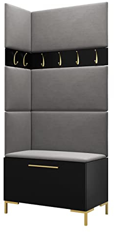 Mirjan24 Garderoben-Set Zinetto IV, Schuhschrank + 2X Kleiderhakenbrett + Gepolstertes Paneel/Wandpaneel, 6X Kleiderhaken, Flurgarderobe, Wandgarderobe (Schwarz, Manila 16)