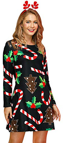 For G and PL Damen Weihnachten Rundausschnitt Langarm Mini Kleid Xmas Druck Party Kostüm S-XXL