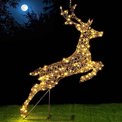 BAKAJI Springendes Weihnachtsrentier aus Rattan und Metall, beleuchtet für den Außenbereich, Hirsch, Weihnachten, 240 LEDs, warmweiß, Einrichtung für Innen- und Außenbereich, Garten, mit Timer, Höhe