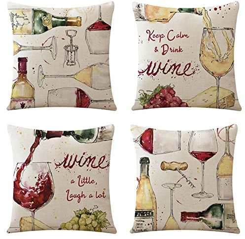 Kissenbezug 20x20cm 4er Set Modernes Weinglas, Kissenbezüge Cotton Linen für Sofa Dekokissen Wohnzimmer Schlafzimmer, Modern Kissenhülle Garten Outdoor Kissen Sofakissen Couchkissen Zierkissen
