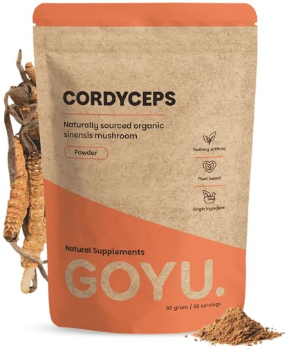 GOYU Cordyceps Pulver Bio 60 gram - Pilz Pilze – Energie – Vegan – Ohne Zusätze – Laborgeprüft – 30 Tage Vorrat pro Beutel