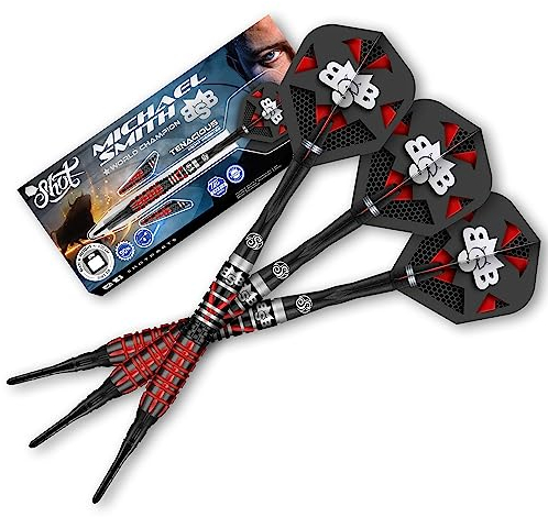 Shot! Soft Darts | Michael Smith | Bully Boy Tenacious | 90% Tungsten Softtip Darts | Softdart | Hochwertige Tungsten Dartpfeile Set mit Schäften und Flights | Made in Neuseeland | 18 Gramm