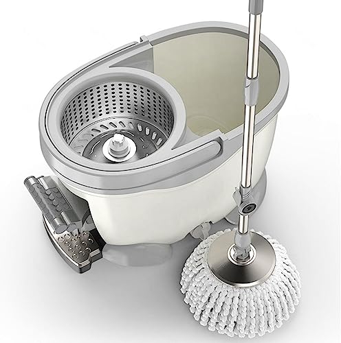 AMNOOL Spin Mops and Bucket Set with Foot Pedal Wringer System Self Cleaning Wet/Dust Mop Flat Floor Cleaning Mop for Hardwood Laminate Tiles Floor Cleaning, Cleaning Mop Bucket