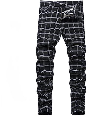 YIHUILONG Pantalon chino à carreaux pour homme, coupe ajustée, coupe ajustée, devant plat, tendance, affaires, décontracté, noir/blanc, 48