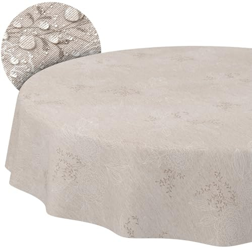 ANRO Tischdecke abwaschbar Japondi Beige rund Ø 140 cm Gartentischdecke | Tischwäsche aus beschichtetem Stoff – schmutz- & wasserabweisend, pflegeleicht – waschbar bei 30 °C