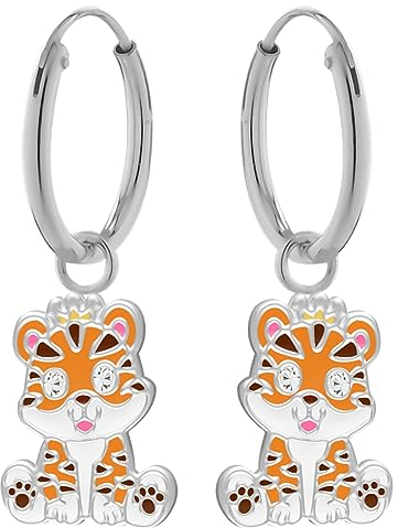 LOVE YOUR CITY Ohrringe, Creolen kleine Baby Tiger Katze. Perfekte Geschenke für Mädchen, Kinder. Hochwertiger Kinderschmuck aus Sterling Silber mit Emaille.