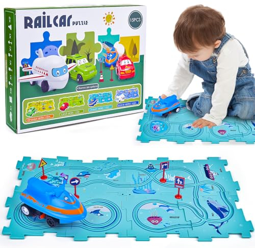 Auto Spielzeug Autorennbahn Spielzeugauto, 15 Stück DIY-Puzzlebahn für Kinderspielzeug, Montessori Lernspielzeug, Cars Spielzeug Auto Kinder Geschenk für Spielzeug ab 2 3 4 5 6 7 Jahre Junge (A)