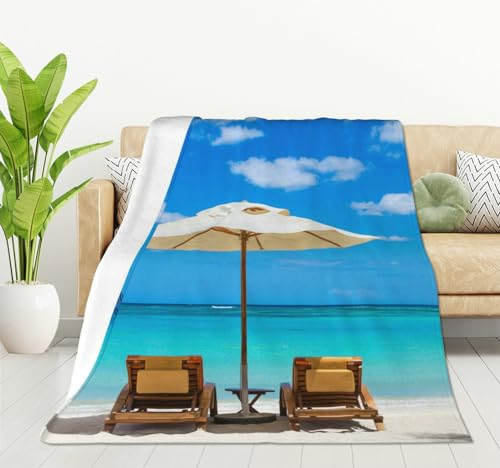 HGOD DESIGNS Türkise Meeresdecke, Stranddecke, weißer Sand und Palmen, weich, warm, gemütlich, flauschig, 130 x 150 cm, Überwurfdecke für Damen und Herren