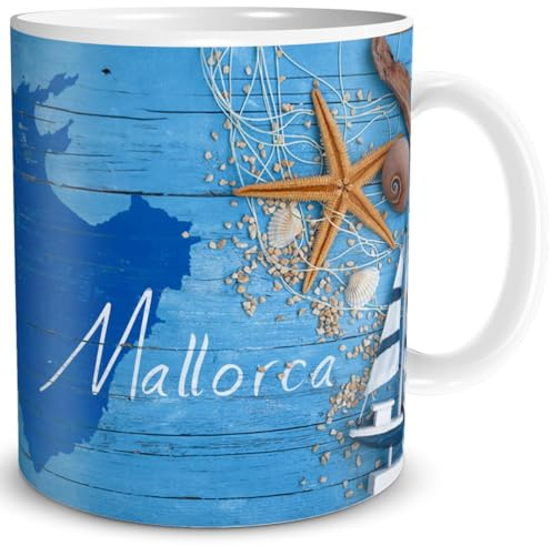 TRIOSK Tasse Mallorca Spanien Insel Souvenir Geschenk Mediterran für Reiselustige Weltenbummler Frauen Männer Büro Kollegen, Keramik 300ml