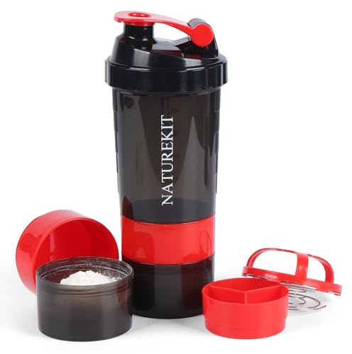 NATUREKIT Shaker Bottle,Protein Shaker with Powder Storage Container 18oz, Leak Proof and Durable, Gym Bottle Portable Pre Workout for Mix & Drink Shakes & Smoothies,Dishwasher Safe,BPA Free,Red