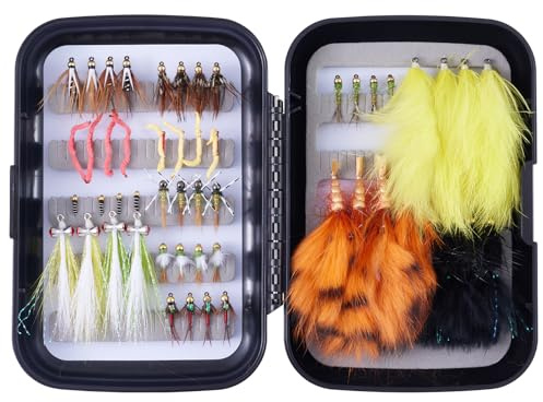 BASSDASH Fliegenfischen Nassfliegen für Forellen Lachs Angeln Nymphen Luftschlangen mit Fliegenbox