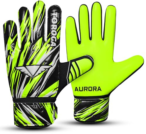 TOROGA Infinity Pro Junior Kinder Torwarthandschuhe – Fußballhandschuhe mit Grip-Latex, Fingerschutz & Doppeltem Handgelenkband – Für Jungen & Mädchen (Fluorescent Yellow, 3)