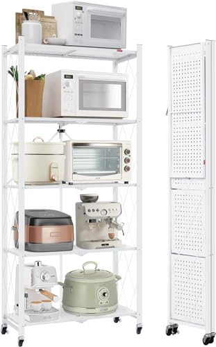 DEANIC 5 Etagen Klappregal Schwerlastregal,Haushaltsregal Standregal Klappbares Küchenregal mit Rollen,71 x 34 x 163cm Metallregal Schwarz,Bücherschrank Kostenlose Installation Wohnzimmer(Weiß)