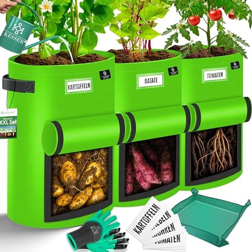KESSER® Kartoffel-Pflanzsack 3-Set 27L | Kartoffel-Pflanzbeutel aus Vlies mit Namensschildern | Pflanztasche mit Fenster & Griffen | Kartoffelpflanzgefäß waschbar mit Handschuhen & Arbeitsmatte Grün