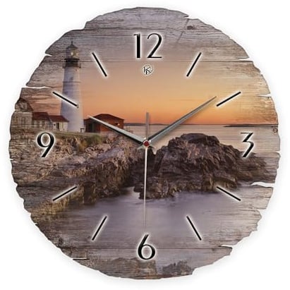 Kreative Feder Runde Wanduhr „Leuchtturm“ aus Naturholz mit flüsterleisem Uhrwerk; Durchmesser 30cm (Leuchtturm, leises Funkuhrwerk)