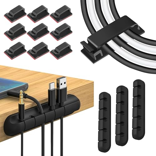 UTENSILIFY Organizador Cables,Pack 4 Organizador de Cables Escritorio + 10 Sujeta Cables Adhesivo,Organizador Cables Escritorio,Clips Sujeta Cables Autoadhesivo(Escritorio,Mesa de Noche,Coche..)